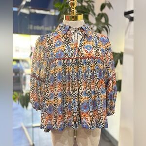 Mediterranean Mosaic Blouse – Puff Sleeve Tie Neck Top